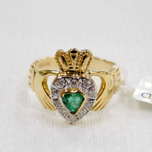 Load image into Gallery viewer, Emerald and diamond ladies gold Claddagh ring