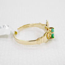 Load image into Gallery viewer, side of ladies gold Claddagh ring with real emerald heart
