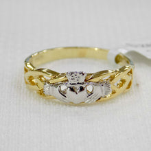 Load image into Gallery viewer, Celtic weave ladies gold ring with Irish Claddagh design