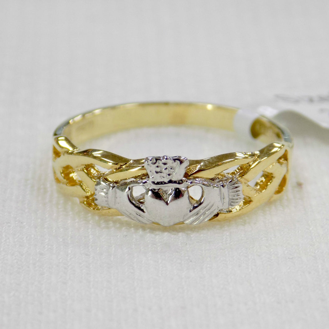 Celtic weave ladies gold ring with Irish Claddagh design