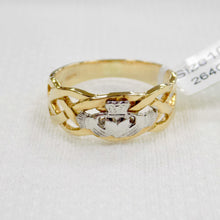 Load image into Gallery viewer, Mens gold celtic band ring with silver Claddagh