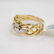 Load image into Gallery viewer, Celtic weave mens gold ring with silver Claddagh