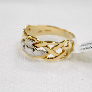 Celtic weave mens gold ring with silver Claddagh