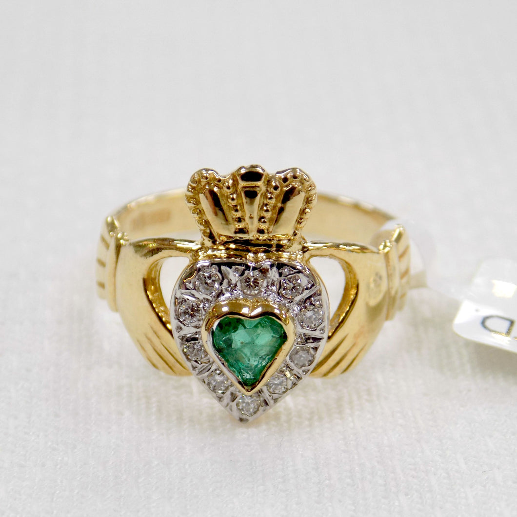 Emerald and diamond ladies gold Claddagh ring