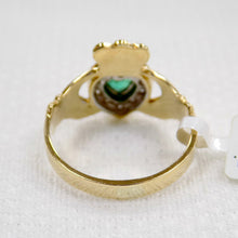 Load image into Gallery viewer, Gold Claddagh Ring with Emerald and Diamond.
