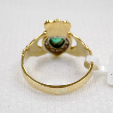 Load image into Gallery viewer, Gold Claddagh Ring with Emerald and Diamond.