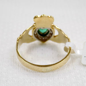 Gold Claddagh Ring with Emerald and Diamond.