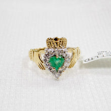 Load image into Gallery viewer, Irish made gold Claddagh ring with emerald and diamond