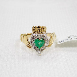 Irish made gold Claddagh ring with emerald and diamond