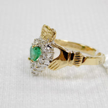 Load image into Gallery viewer, side view gold claddagh ring with emerald and diamonds