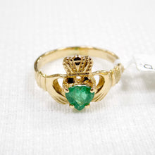 Load image into Gallery viewer, Ladies gold Claddagh ring with real emerald heart.