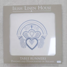 Load image into Gallery viewer, boxed blue and silver claddagh embroidered runner