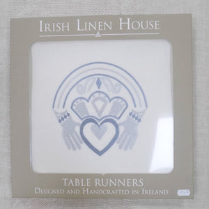 boxed blue and silver claddagh embroidered runner