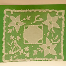 Load image into Gallery viewer, Handmade Carrickmacross lace with flowers and harp.