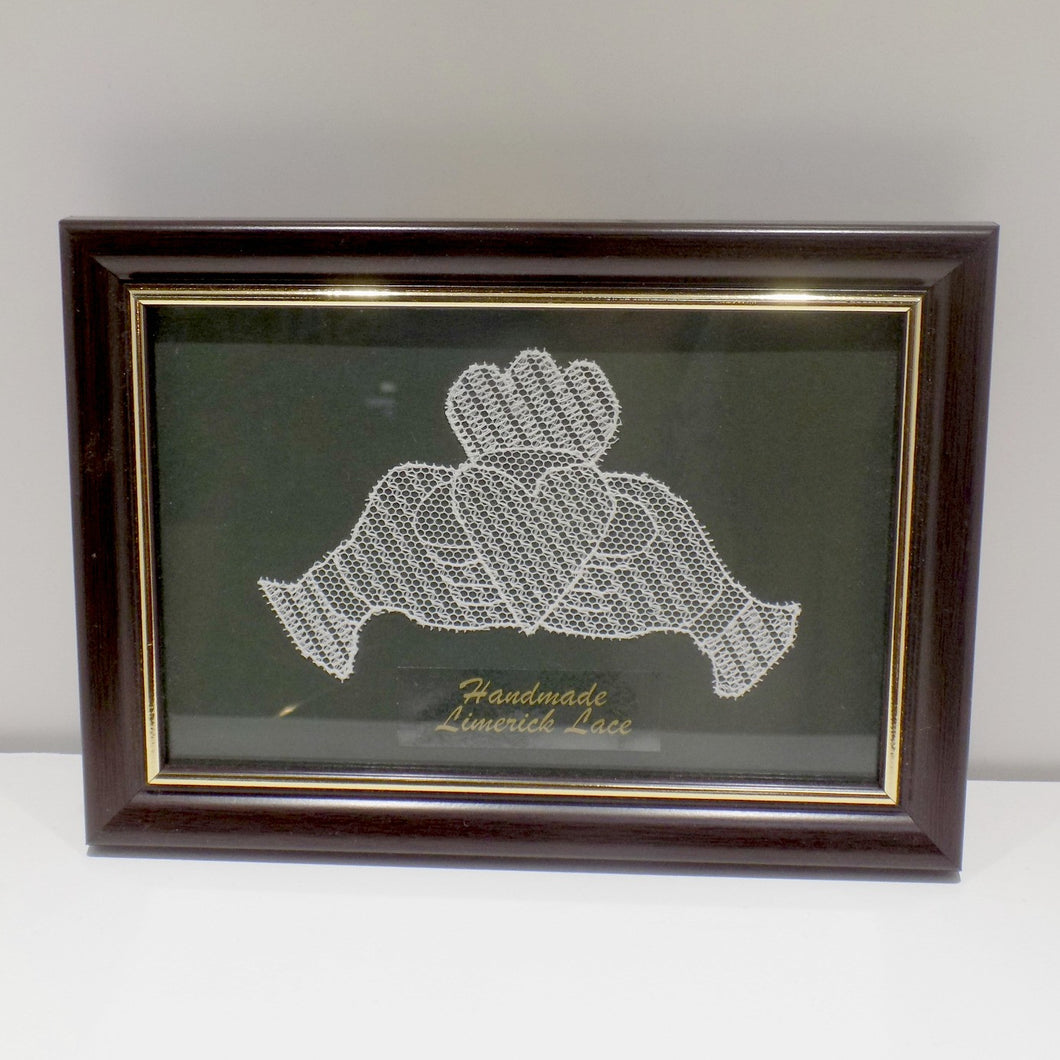 Framed handmade Limerick lace Claddagh