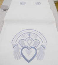 Load image into Gallery viewer, claddagh design irish linen runner blue and silver