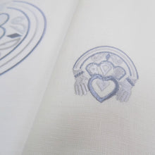 Load image into Gallery viewer, detail of blue and gold claddagh table runner