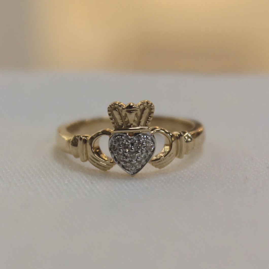 Gold Claddagh Ring with Diamond Heart
