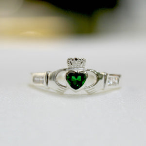 Sterling Silver Claddagh Ring with Green Heart.