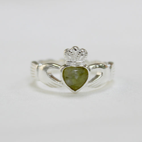 Sterling Silver Claddagh Ring with Connemara Marble Heart