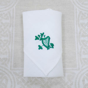 Irish Linen Handkerchief with Embroidered Harp