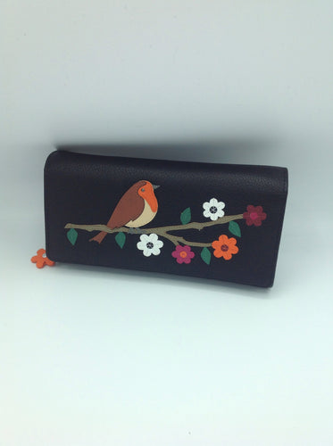 Mala Leather Flap Over Purse with Robin Motif