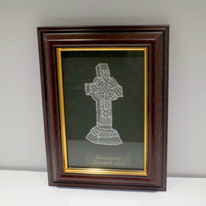 Framed handmade Limerick Lace Celtic cross