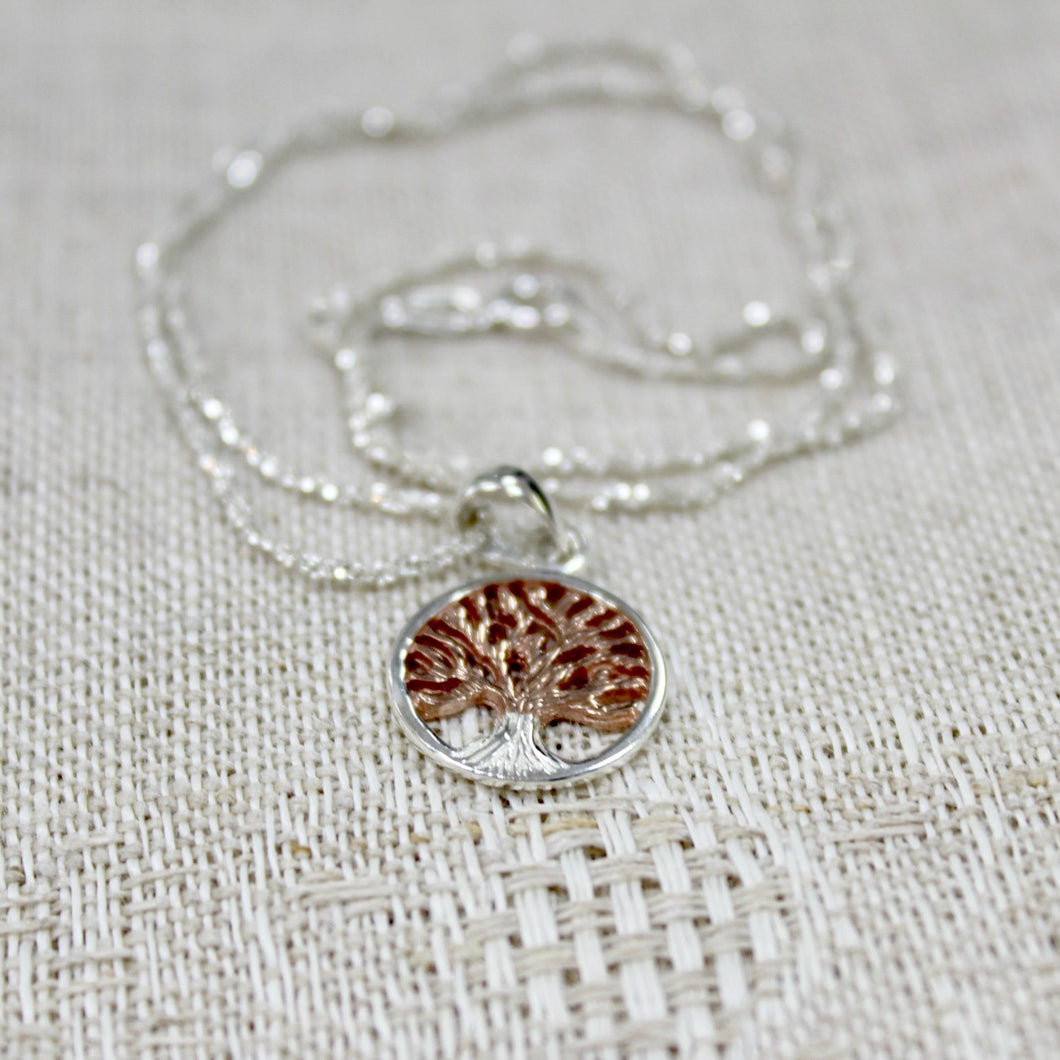 Silver oak tree necklace with rose gold