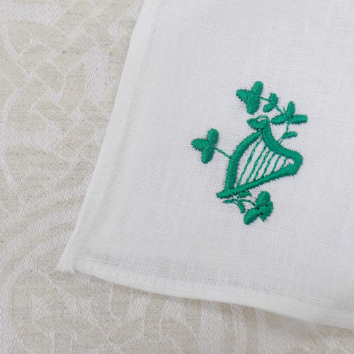 Irish Linen Handkerchief with Embroidered Harp