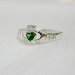 Sterling Silver Claddagh Ring with Green Heart.
