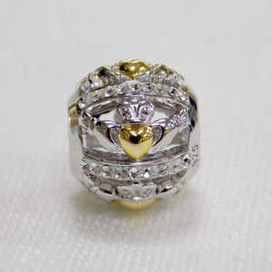 Silver and gold Claddagh bead charm with Swarovski crystal