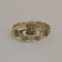 Load image into Gallery viewer, Gold Claddagh Ring with Celtic Weave Band