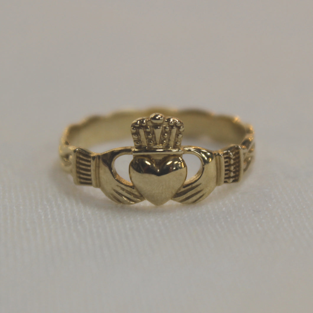 Gold Claddagh Ring with Celtic Weave Band