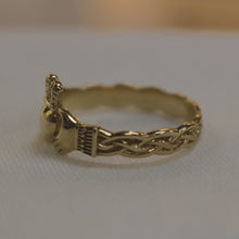 Load image into Gallery viewer, Gold Claddagh Ring with Celtic Weave Band